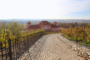 Fototapeta na wymiar View of the Troja Palace from the vineyards in Prague, Czech Republic