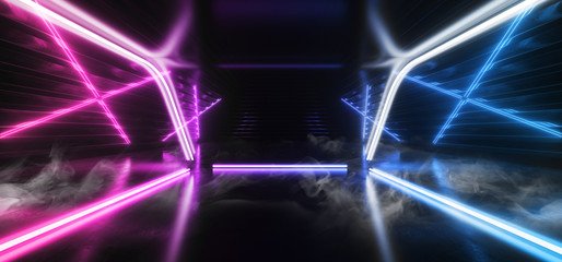 SCi Fi Futuristic Metal Reflective Striped Realistic Modern Neon Glowing Laser Triangle Arc Beams Blue Purple Red Electric Shape Empty Background 3D Rendering