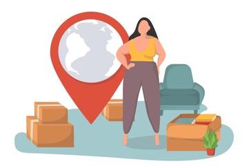 Relocation services. Apartment rent, accommodation leasing, real estate agency website design element. A woman with things folded into cardboard boxes is waiting for movers to move to a new home