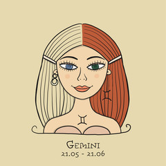 Illustration of Gemini zodiac sign. Element of Air. Beautiful Girl Portrait. One of 12 Women in Collection For Your Design of Astrology Calendar, Horoscope, Print.