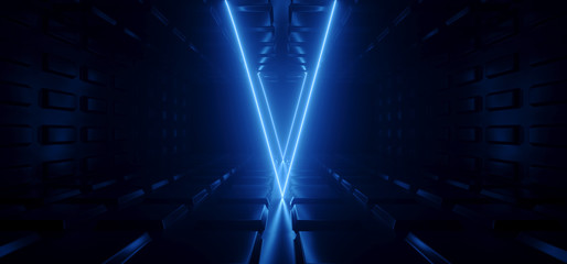 SCi Fi Futuristic Metal Reflective Schematic Textured Motherboard Floor Realistic Modern Neon Glowing Laser Triangle Arc Beams Blue Electric Shape Empty Background 3D Rendering