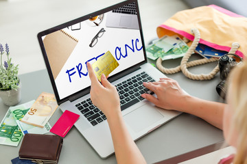 Woman's hands typing on laptop keyboard. Study and work online, freelance, home comfort and relax