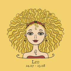 Illustration of Leo zodiac sign. Element of Fire. Beautiful Girl Portrait. One of 12 Women in Collection For Your Design of Astrology Calendar, Horoscope, Print.