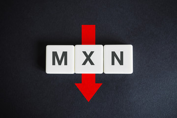 Mexican peso alphabetic currency ISO code (MXN) and down red arrow on black background. Economy of Mexico.