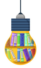 Light bulb shape with science and history books. Creative idea and learning technology with library symbol on white. Volume or notebook on shelf for learning and educating information vector
