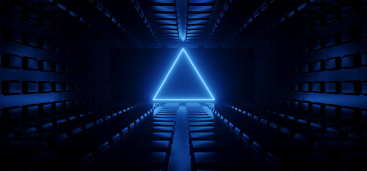 Sci Fi Futuristic Electric Blue Triangle Glowing Background Laser Neon Lights Tunnel Corridor Space Alien Ship Dark Night Reflective Metal Garage Warehouse  Cyber 3D Rendering