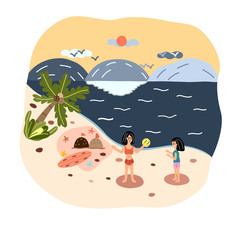 Cute girls playing volleyball on the beach. Illustration vector design.
