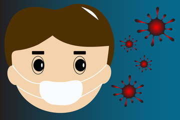 Group of viruses and face of man waring medical face mask on gradient background