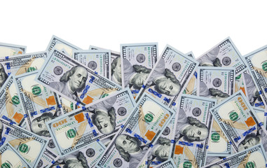 Many dollar banknotes on white
