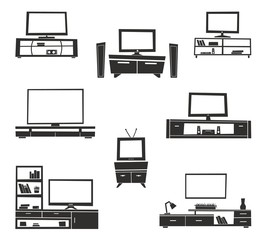 Modern TV table stand with glass shelves. Vector Tv Stands furniture icon set.