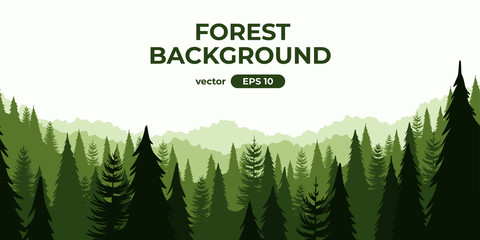 Seamless forest landscape. Colorful silhouette with trees, pines, firs, mountains and hills. Layered background with parallax effect. Flat style vector illustration. Simple cartoon design. - obrazy, fototapety, plakaty