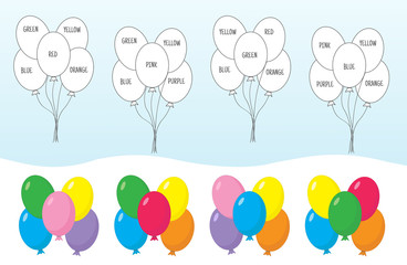 Children's game learning colors. Connect blocks with flowers and balloons. Entertainment activities for children. Vector illustration