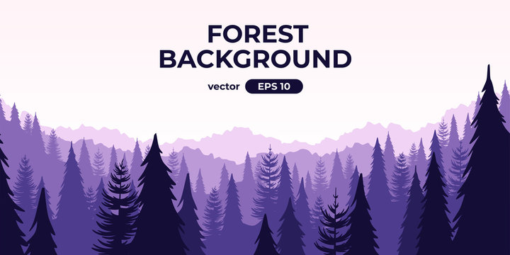 Seamless forest landscape. Colorful silhouette with trees, pines, firs, mountains and hills. Layered background with parallax effect. Flat style vector illustration. Simple cartoon design.