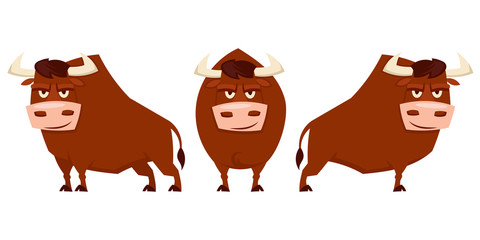 Set of bulls in different poses. Farm animals in cartoon style.