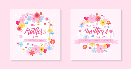 Bundle of  Mothers Day cards with hand drawn lettering, floral elements, flowers and hearts.Beautiful templates perfect for decoration,prints,banners,invitations.Mothers Day vector illustrations.