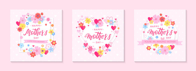 Fototapeta na wymiar Bundle of Mothers Day cards with hand drawn lettering, floral elements, flowers and hearts.Beautiful templates perfect for decoration,prints,banners,invitations.Mothers Day vector illustrations.