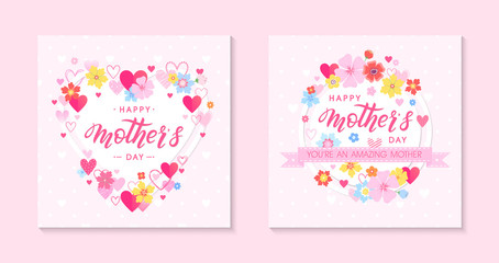 Bundle of  Mothers Day cards with hand drawn lettering, floral elements, flowers and hearts.Beautiful templates perfect for decoration,prints,banners,invitations.Mothers Day vector illustrations.