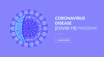 Coronavirus flat design illustration in flat style on blue background. Web banner element. Geometric pattern background. Technology, digital.