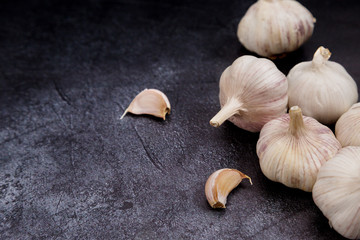 Garlic on concrete background. Group of garlic clove on dark concrete