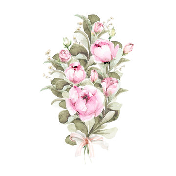 A bouquet of flowers and leaves, peonies and roses. Watercolor