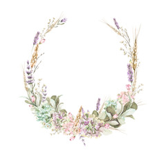 Obraz na płótnie Canvas Hand painted watercolor wreath with roses, lavander and foliage. Romantic floral rustic set perfect for fabric textile, vintage paper, scrapbooking, invitation or greeting cards.
