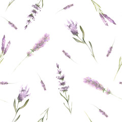 Hand painted watercolor provence floral pattern with lilac flowers of lavanders, foliage. Romantic seamless pattern perfect for fabric textile, vintage paper or scrapbooking