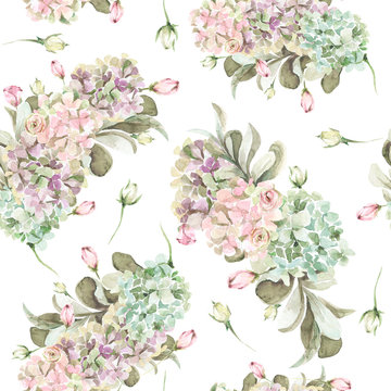 Hand painted watercolor provence floral pattern with flowers of pink roses and hydrangea, foliage. Romantic seamless pattern perfect for fabric textile, vintage paper or scrapbooking