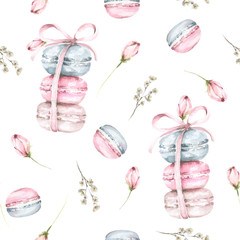 Hand painted watercolor seamless pattern with macaroons and pink flowers and rose buds.
