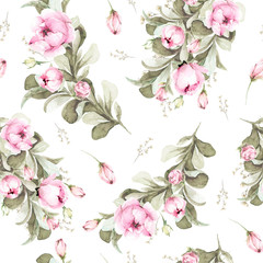 Hand painted watercolor floral pattern with pink flowers and rose buds, peony, foliage. Romantic seamless pattern perfect for fabric textile, vintage paper or scrapbooking © 60seconds