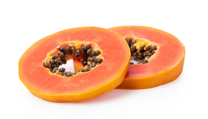 slice papaya fruit with seeds on white background