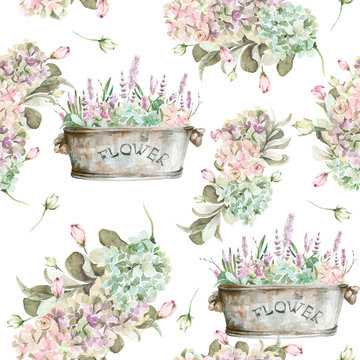 Hand painted watercolor provence floral pattern - bouquet with flowers- Lavender, pink roses, hydrangea and foliage in a galvanized containe . Romantic seamless pattern perfect for fabric textile