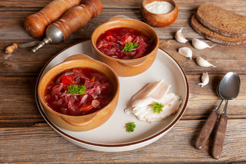 Traditional homemade Russian beetroot soup borscht