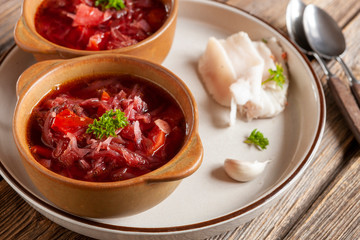 Traditional homemade Russian beetroot soup borscht