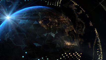 Planet earth with sunrise and technology network. Elements of this image furnished by NASA - 3D illustration.