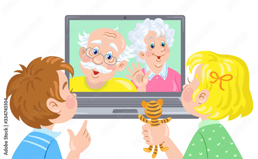 Wall mural Grandchildren communicate with their grandparents via video link. Video chat online. Internet connection during quarantine. In cartoon style. Vector illustration