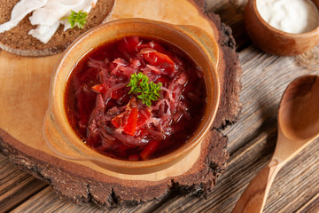 Traditional homemade Russian beetroot soup borscht