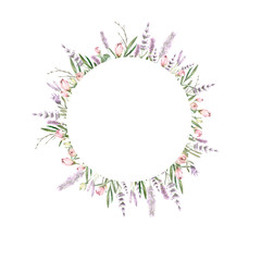 Obraz premium Hand painted watercolor wreath with roses, lavander and foliage. Romantic floral rustic set perfect for fabric textile, vintage paper, scrapbooking, invitation or greeting cards.