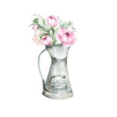 Obraz premium Hand painted watercolor set - bouquet with flowers- peony, hydrangea and foliage in jug. Romantic floral provence composition perfect for fabric textile, vintage paper or scrapbooking