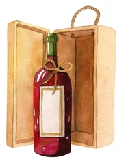 Bottle of red wine in a wooden box - watercolor illustration.  © astaru