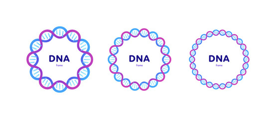 Genetic abstract concept. Vector color flat illustration. Set of circle frame banner of DNA helix and copy space isolated on white. Blue pink gradient Design for gene science, medicine advertisment.