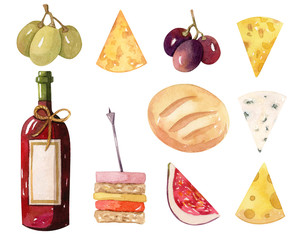 Bottle of wine with food - cheese, bread