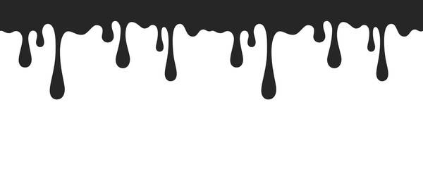 Drip of oil, sauce or paint isolated on white background. Black chocolate melt liquid splash border. Vector ink drops seamless pattern..