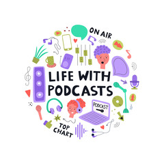 Podcasts concept clipart. Color flat icons for blogging and vlogging. Live streaming. Vector illustration