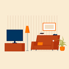 Interior of the apartment is a sofa and TV, living room. Flat style vector illustration.