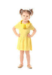 Cute little girl with headphones on white background