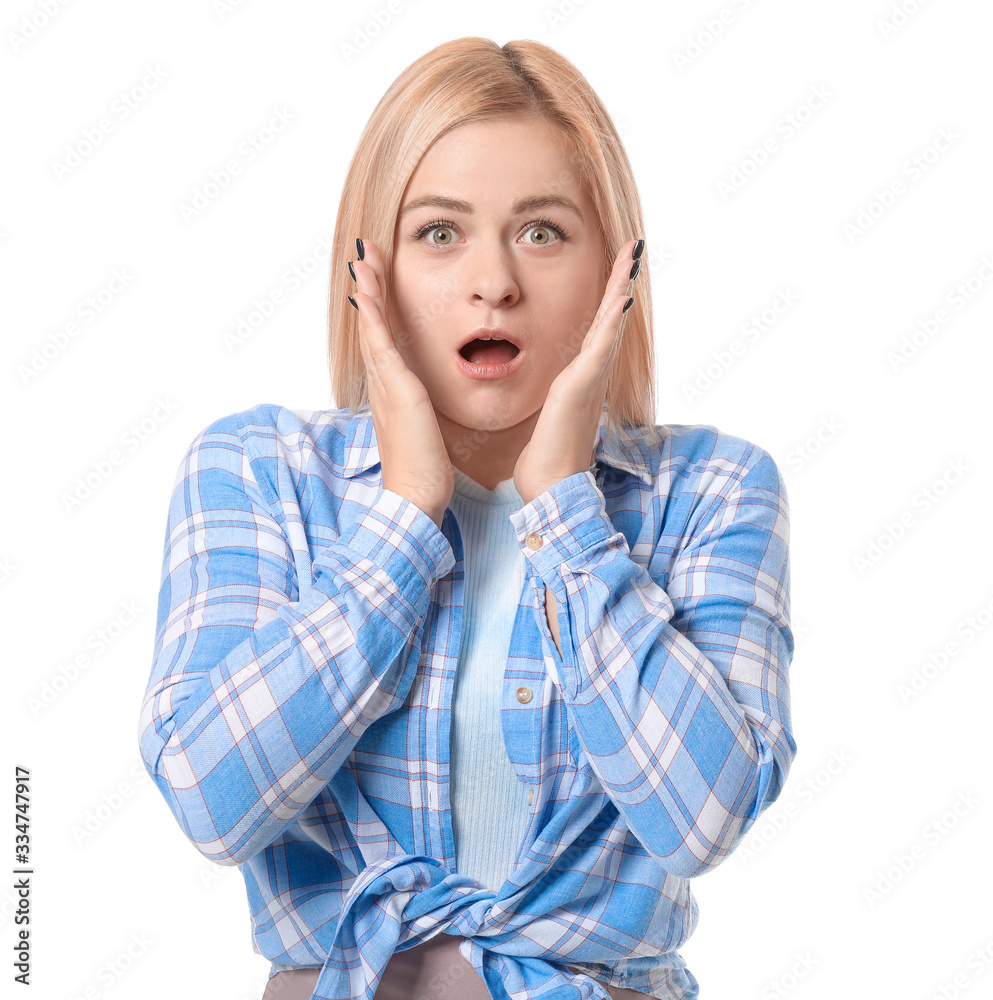 Poster shocked young woman on white background