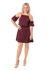 Beautiful young woman on white background