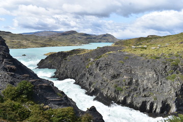 A blue waterfall in Torres del Paine National Park in Chile, Patagonia