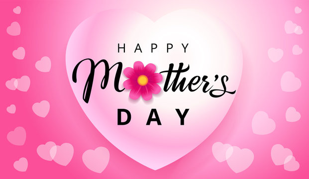 Happy Mothers Day elegant text, hearts flying on pink background. Vector typography for Mother's day wallpaper or sale shopping special offer banner. Best Mom ever greeting card
