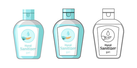 Blue hand sanitizer gel flat vector illustration. Set of three illustrations in different styles.